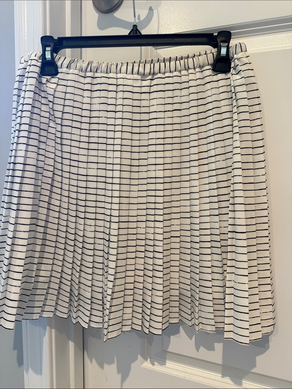 Banana Republic White Pleated Midi Skirt with Black Stripes